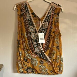 NWT XS FREE PEOPLE Y2K Havana Golden Yellow Floral Sleeveless Surplice blouson
